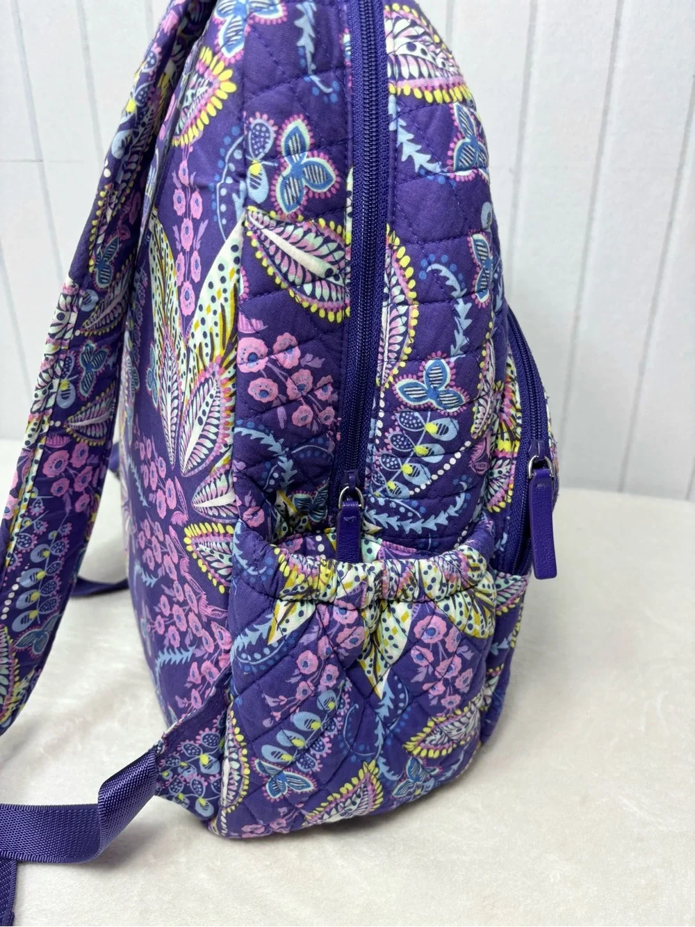 Vera Bradley Purple Floral Paisley Quilted Backpack Pink & Yellow Accents travel